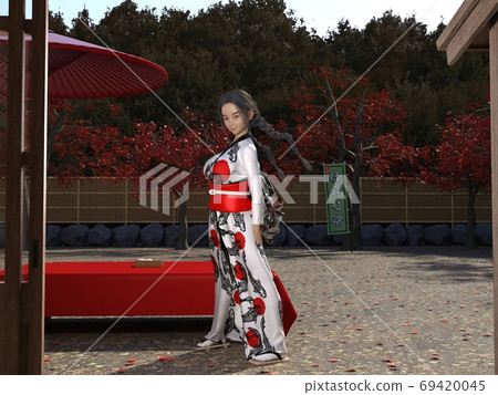 A girl in a kimono enjoying at a teahouse on a mountain pass with beautiful autumn leaves 69420045