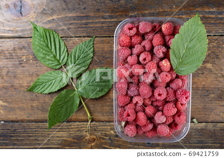 Fresh raspberries with leaves in a plastic container for the sal Fresh raspberries with leaves in a plastic container for the sal 69421759