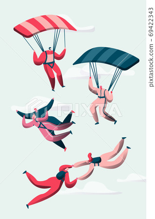 Group of Skydivers Fly Between Clouds Happy People 69422343
