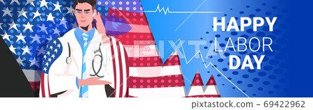 doctor with USA flag holding stethoscope labor day celebration healthcare medicine concept 69422962