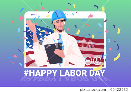 engineer in helmet with USA flag labor day celebration self isolation online communication concept engineer in helmet with USA flag labor day celebration self isolation online communication concept 69422983