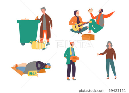 Set Homeless Poor Man Woman Begging Money Street 69423131