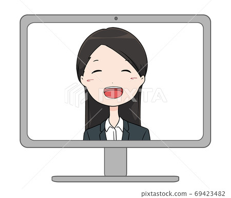 穿著西裝的微笑工作婦女在遠程採訪中反映在計算機屏幕上 穿著西裝的微笑工作婦女在遠程採訪中反映在計算機屏幕上 69423482