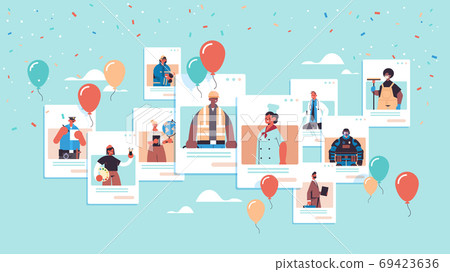 people of different occupations celebrating labor day mix race men women in web browser windows 69423636