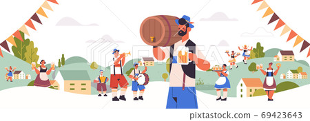 people holding mugs and playing musical instruments celebrating beer festival Oktoberfest party celebration 69423643
