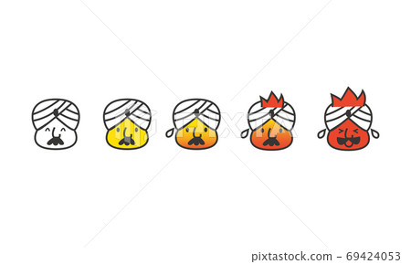 Illustration of a man wearing a turban with 5 levels of spiciness (hotness) Illustration of a man wearing a turban with 5 levels of spiciness (hotness) 69424053