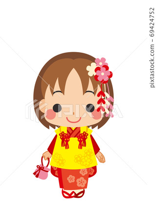 一個可愛的女孩，穿著753的服裝，慶祝3歲的插圖 69424752