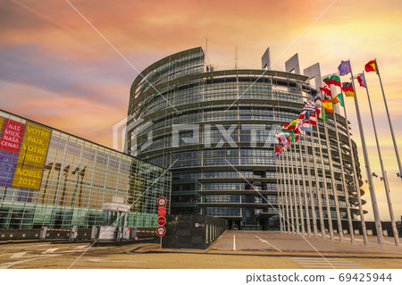 STRASBOURG, 25 December 2012 - Burning sunset over the European Parliament building in Strasbourg, France STRASBOURG, 25 December 2012 - Burning sunset over the European Parliament building in Strasbourg, France 69425944
