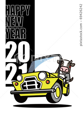 2021 New Year's card template cow and old British compact SUV 2021 New Year's card template cow and old British compact SUV 69426242