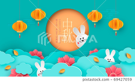 White rabbits with paper cut chinese clouds and flowers on geometric background for Chuseok festival. Hieroglyph translation is Mid autumn. Full moon frame with place for text. Vector illustration. 69427059