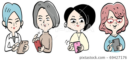 4 senior women operating smartphones 69427176