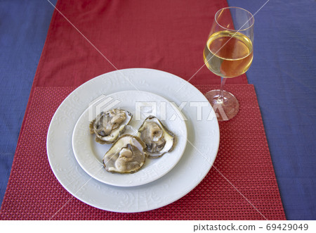 Oysters in ice on a white plate and glass of white wine Oysters in ice on a white plate and glass of white wine 69429049