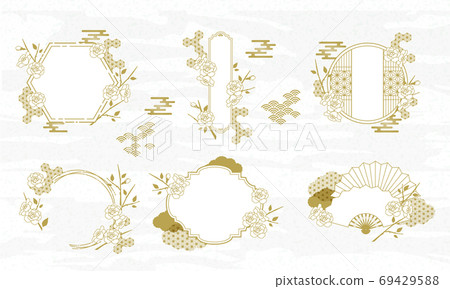 Vector illustration frame material set of Japanese pattern and camellia flower 69429588