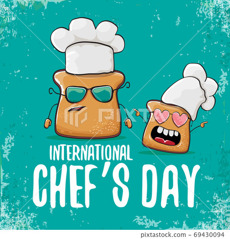 International chef day greeting card or banner with vector funny cartoon chef bread with cheaf hat isolated on azure background. 69430094
