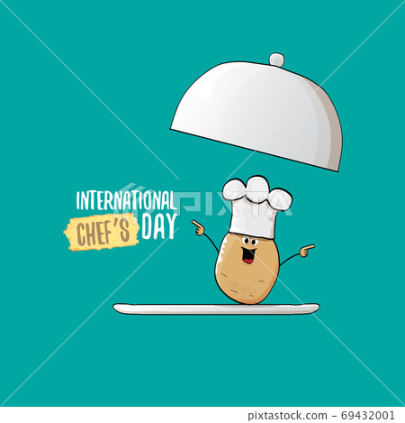 International chef day greeting card or banner. vector funny cartoon tiny brown smiling chef potato with chef hat isolated on azure background. 69432001
