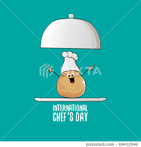 International chef day greeting card or banner. vector funny cartoon tiny brown smiling chef potato with chef hat isolated on azure background. International chef day greeting card or banner. vector funny cartoon tiny brown smiling chef potato with chef hat isolated on azure background. 69432046