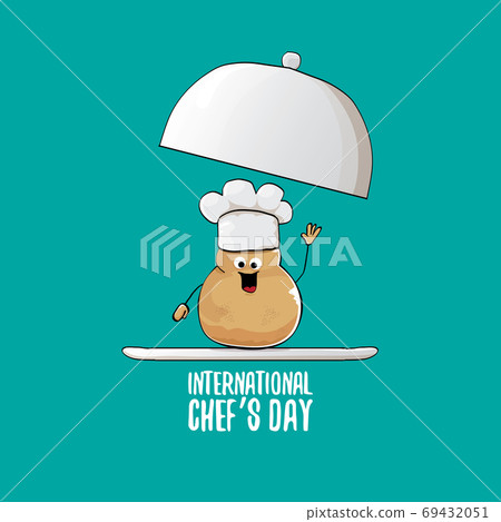 International chef day greeting card or banner. vector funny cartoon tiny brown smiling chef potato with chef hat isolated on azure background. International chef day greeting card or banner. vector funny cartoon tiny brown smiling chef potato with chef hat isolated on azure background. 69432051