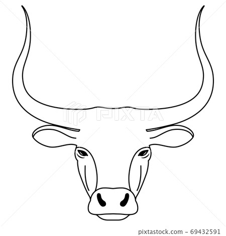 Head of bull. Contour simple longhorned Buffalo or bison, symbol of new new year 2021. Black and white concept. Head of bull. Contour simple longhorned Buffalo or bison, symbol of new new year 2021. Black and white concept. 69432591