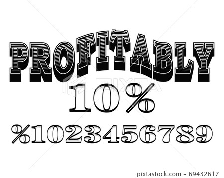 Curved inscription profitably and percent numbers. Retro vintage letters and numbers. Sale template isolated on white background. Curved inscription profitably and percent numbers. Retro vintage letters and numbers. Sale template isolated on white background. 69432617