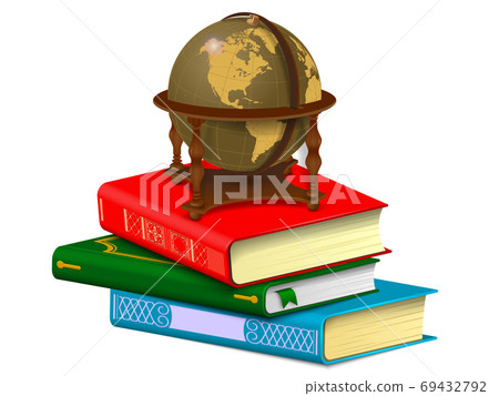 Vintage globe on a stack of books. Learning and travel concept Isolated on white background. 69432792