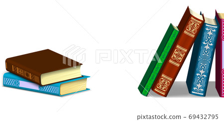 Hardcover books in different positions isolated on a white background. Book stack and in a row. Hardcover books in different positions isolated on a white background. Book stack and in a row. 69432795