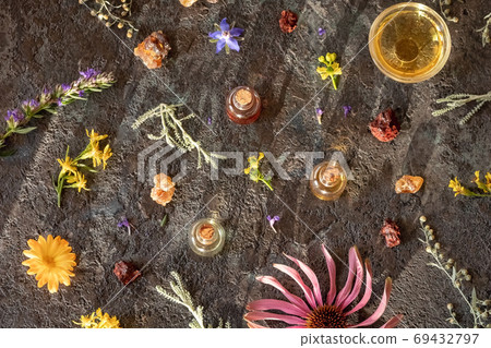 Selection of essential oils with frankincense, sangre de drago, 69432797
