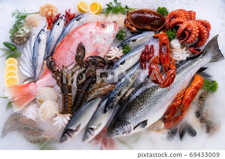 Fresh seafood on ice background. 69433009