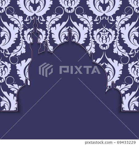 Silhouette of a mosque with ornament. Islamic Background or Banner and Card design with space for text. Silhouette of a mosque with ornament. Islamic Background or Banner and Card design with space for text. 69433229