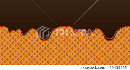 Brown smudges of glaze on a waffle background. Horizontal seamless crisp element with streaks. Template for frosting cone of ice cream. 69433265