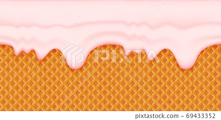 Pink smudges of glaze on a waffle background. Horizontal seamless crisp element with streaks. Template for frosting cone of ice cream. Pink smudges of glaze on a waffle background. Horizontal seamless crisp element with streaks. Template for frosting cone of ice cream. 69433352