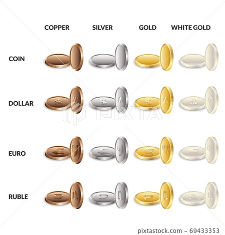 Set of realistic coins of various currencies. Different colors and metal symbols copper white gold silver isolated on white background. 69433353