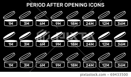 Period after open icons set. PAO symbols. Round box with cap opened. Expiration period in months signs for cosmetic packaging on transparent background. Period after open icons set. PAO symbols. Round box with cap opened. Expiration period in months signs for cosmetic packaging on transparent background. 69433500