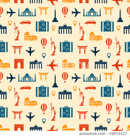 Travel composition with famous world landmarks. Seamless pattern. Vector 69433527