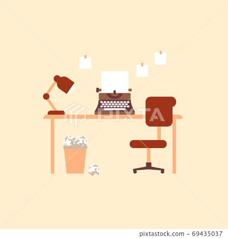 Writers desk with typewriter. Retro printing equipment with blank sheet comfortable chair and lamp on table. Writers desk with typewriter. Retro printing equipment with blank sheet comfortable chair and lamp on table. 69435037