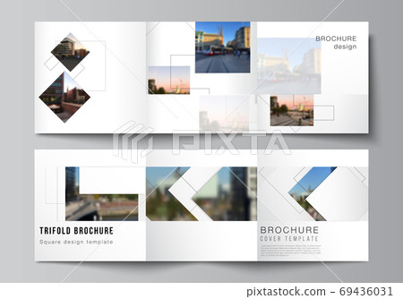 Vector layout of square format covers design templates with geometric simple shapes, lines and photo place for trifold brochure, flyer, magazine, cover design, book, brochure cover. 69436031