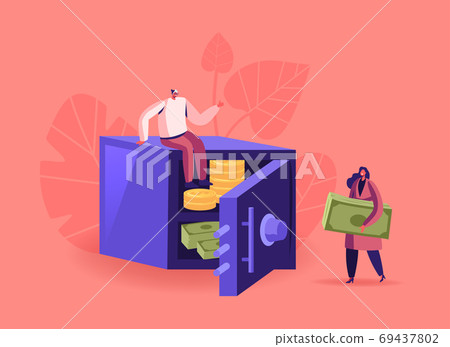Business People Make Savings, Investment and Cash Safety. Tiny Man and Woman Characters Put Huge Coins and Bills in Safe Business People Make Savings, Investment and Cash Safety. Tiny Man and Woman Characters Put Huge Coins and Bills in Safe 69437802