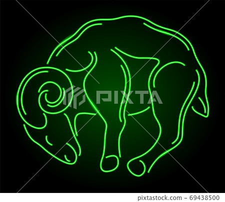 Line art with green neon ram silhouette 69438500