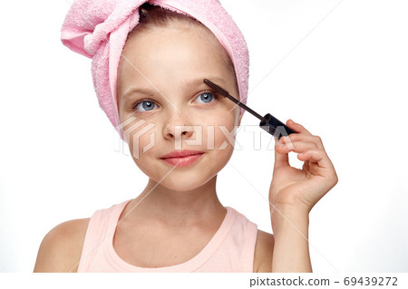 girl pink towel on her head clean skin bathroom light background girl pink towel on her head clean skin bathroom light background 69439272