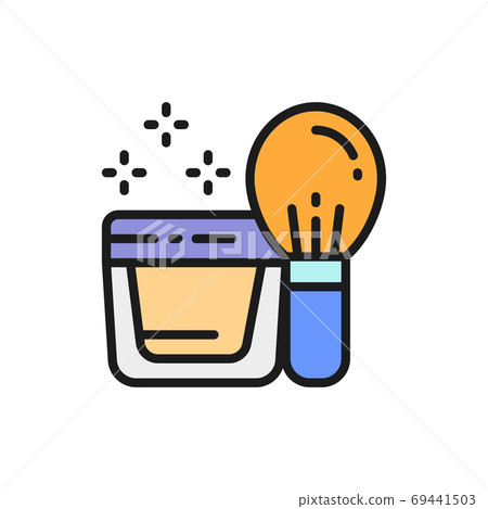 Powder, kabuki brush, face cream in jar flat color line icon. Powder, kabuki brush, face cream in jar flat color line icon. 69441503
