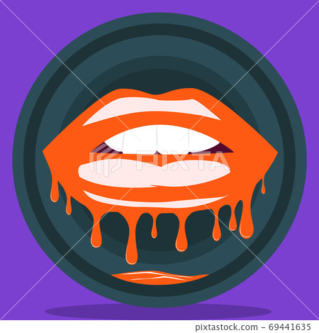 Open mouth with biting lips melts and flows in a circle against a purple background Open mouth with biting lips melts and flows in a circle against a purple background 69441635