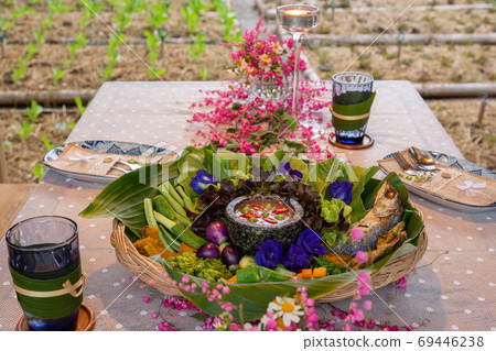 Dinner set of Thai shrimp paste sauce with vegetable Thai food concept. 69446238