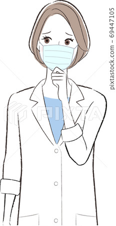 一名戴著面具的白色長袍的擔心的女人的插圖 69447105