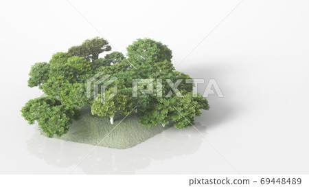 微型花園,涼爽的地形被樹木遮蔽。 3D渲染。 微型花園,涼爽的地形被樹木遮蔽。 3D渲染。 69448489