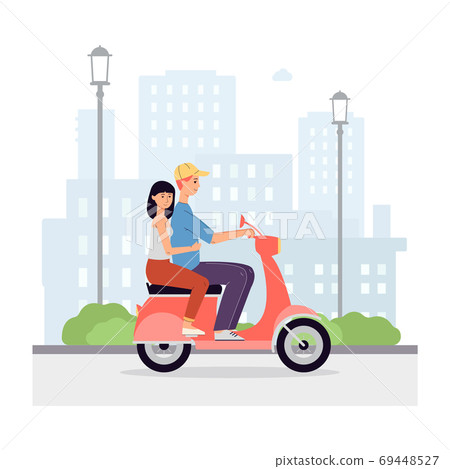Loving couple riding motorcycle in city, flat vector illustration isolated. Loving couple riding motorcycle in city, flat vector illustration isolated. 69448527