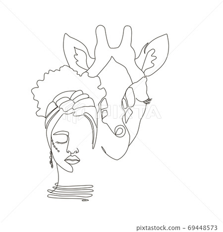 Continuous line art or One Line Drawing. African woman and giraf Continuous line art or One Line Drawing. African woman and giraf 69448573