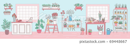 Florist shop with counter and flowers sketch cartoon vector illustration. 69448667