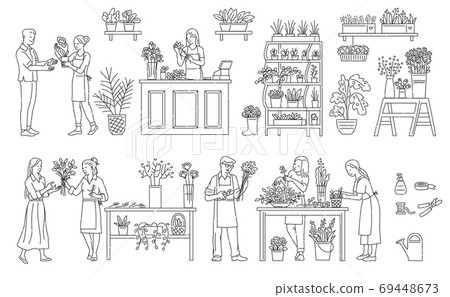A set of outlined vector illustrations of florists in a flower shop. 69448673