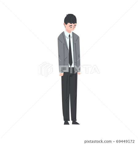 Stressed Businessman Standing with his Head Bowed, Depressed Unhappy Male Office Worker Character in Suit, Tired or Exhausted Manager Vector Illustration 69449172