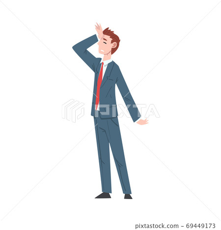 Sad Businessman Standing in Dramatic Pose, Unhappy Male Office Worker Character in Suit, Tired or Exhausted Manager Vector Illustration 69449173