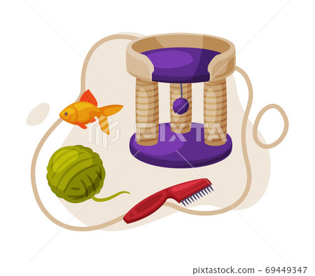 Cat Accessories Set, Pet Animal Stuff, Cat House with Scratching Posts, Pet Brush, Toys Cartoon Style Vector Illustration Cat Accessories Set, Pet Animal Stuff, Cat House with Scratching Posts, Pet Brush, Toys Cartoon Style Vector Illustration 69449347